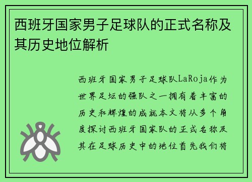 西班牙国家男子足球队的正式名称及其历史地位解析
